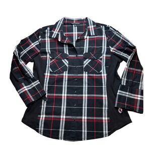 Zac & Rachel Womens XL Plaid Button Down Shirt Black Red Knit Side Panels Cotton